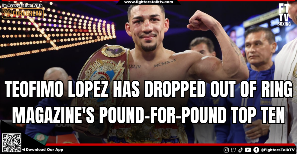 image of Teofimo Lopez with a text saying TEOFIMO LOPEZ HAS DROPPED OUT OF RING MAGAZINE'S POUND-FOR-POUND TOP TEN